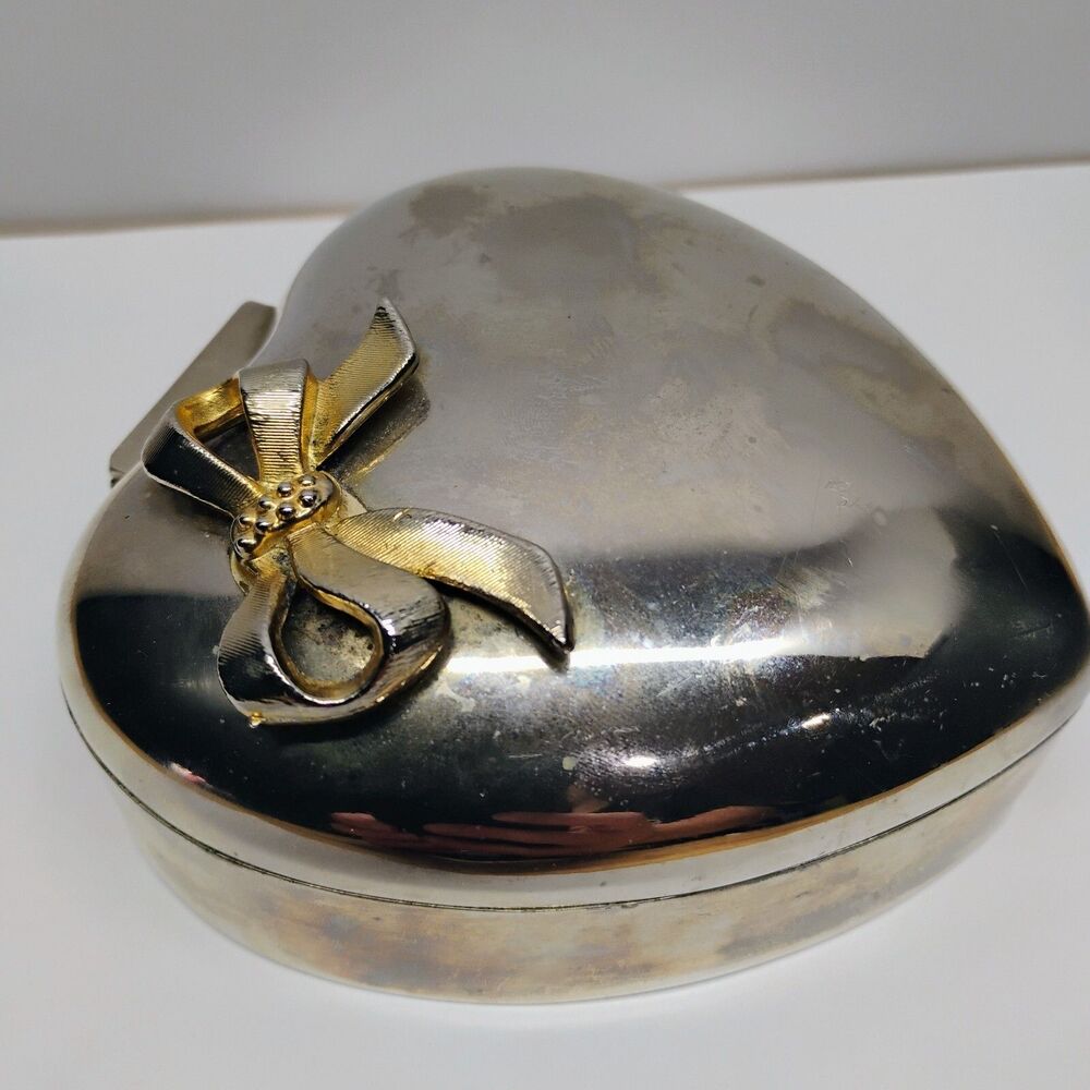 Vintage Silver Plated Trinket Box International Silver Co Heart Shaped with Bow